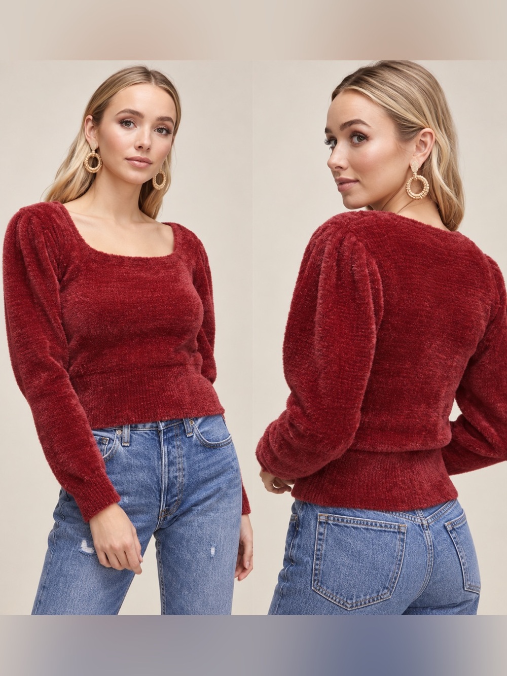 ASTR the Label Red Fuzzy Long Sleeve Square Neck Cropped Sweater Wine Size S